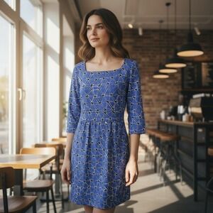 J. McLaughlin Blue Geometric Print A-Line Dress Women's Medium 3/4 Sleeve